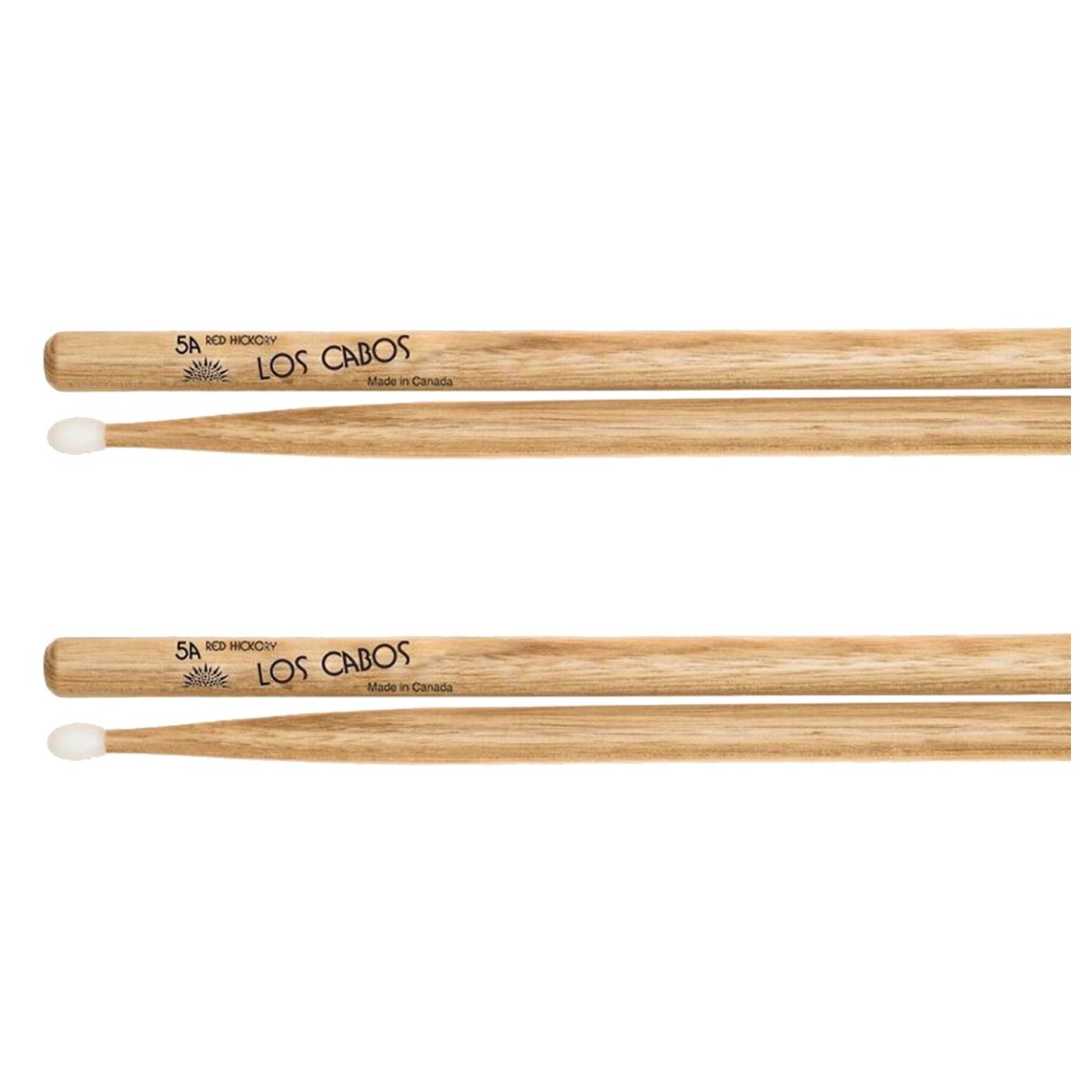 Los Cabos 5A Red Hickory Nylon Tip Drumsticks 2 Pair Pack