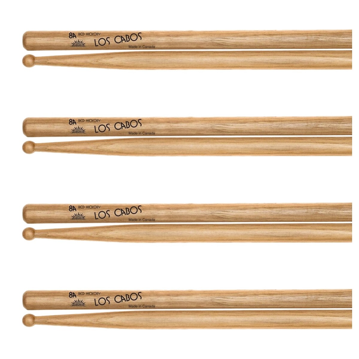 Los Cabos 8A Red Hockory Wood Tip Drumsticks 4 Pair Pack