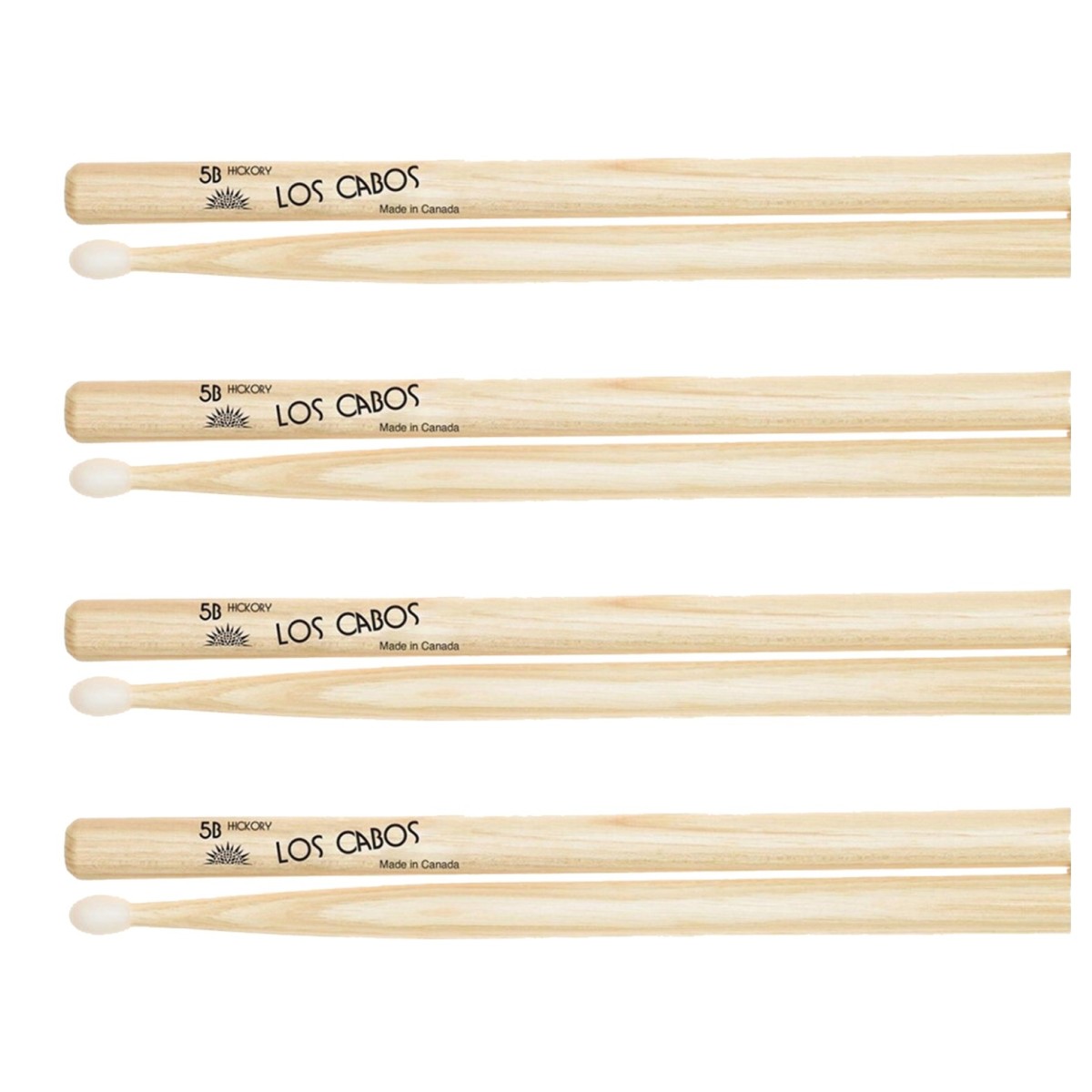 Los Cabos 5B Hickory Nylon Tip Drumsticks 4 Pair Pack