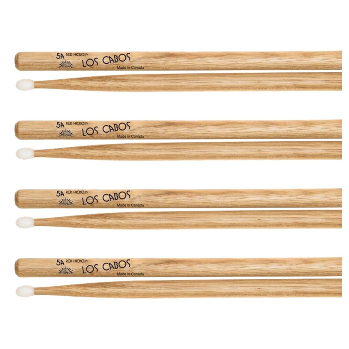 Los Cabos 5A Red Hickory Nylon Tip Drumsticks 4 Pair Pack