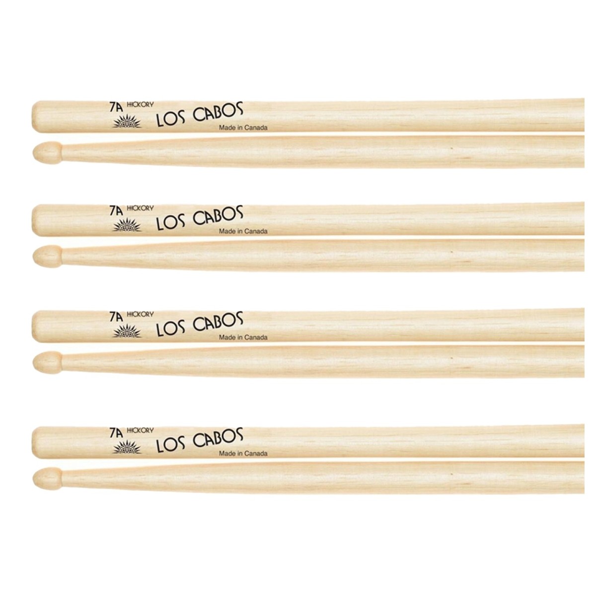 Los Cabos 7A Hickory Wood Tip Drumsticks 4 Pair Pack