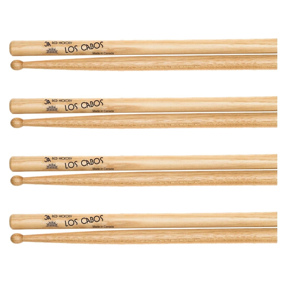 Los Cabos 3A Red Hickory Wood Tip Drumsticks 4 Pair Pack