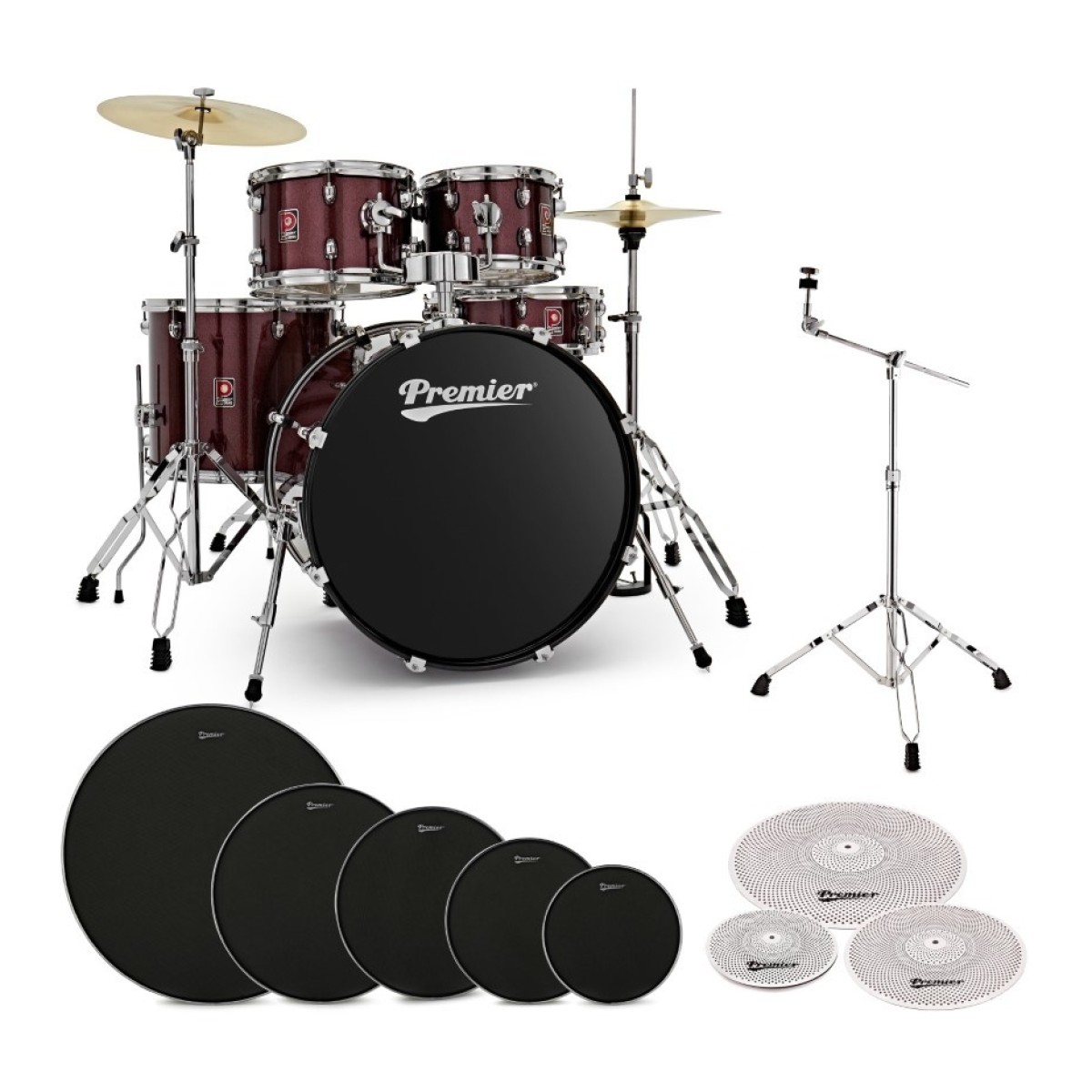 Premier Revolution 22” 5pc Low Volume Drum Kit Bundle Red Sparkle
