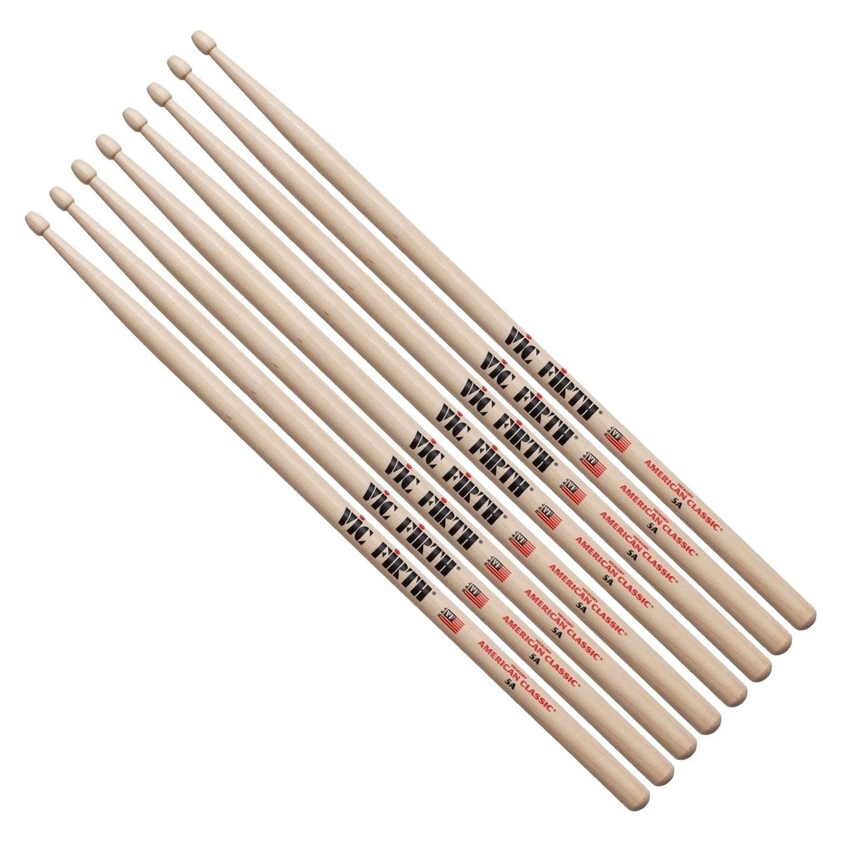 Vic Firth 5A Hickory Drumsticks Wood Tip 4 Pair Value Bundle