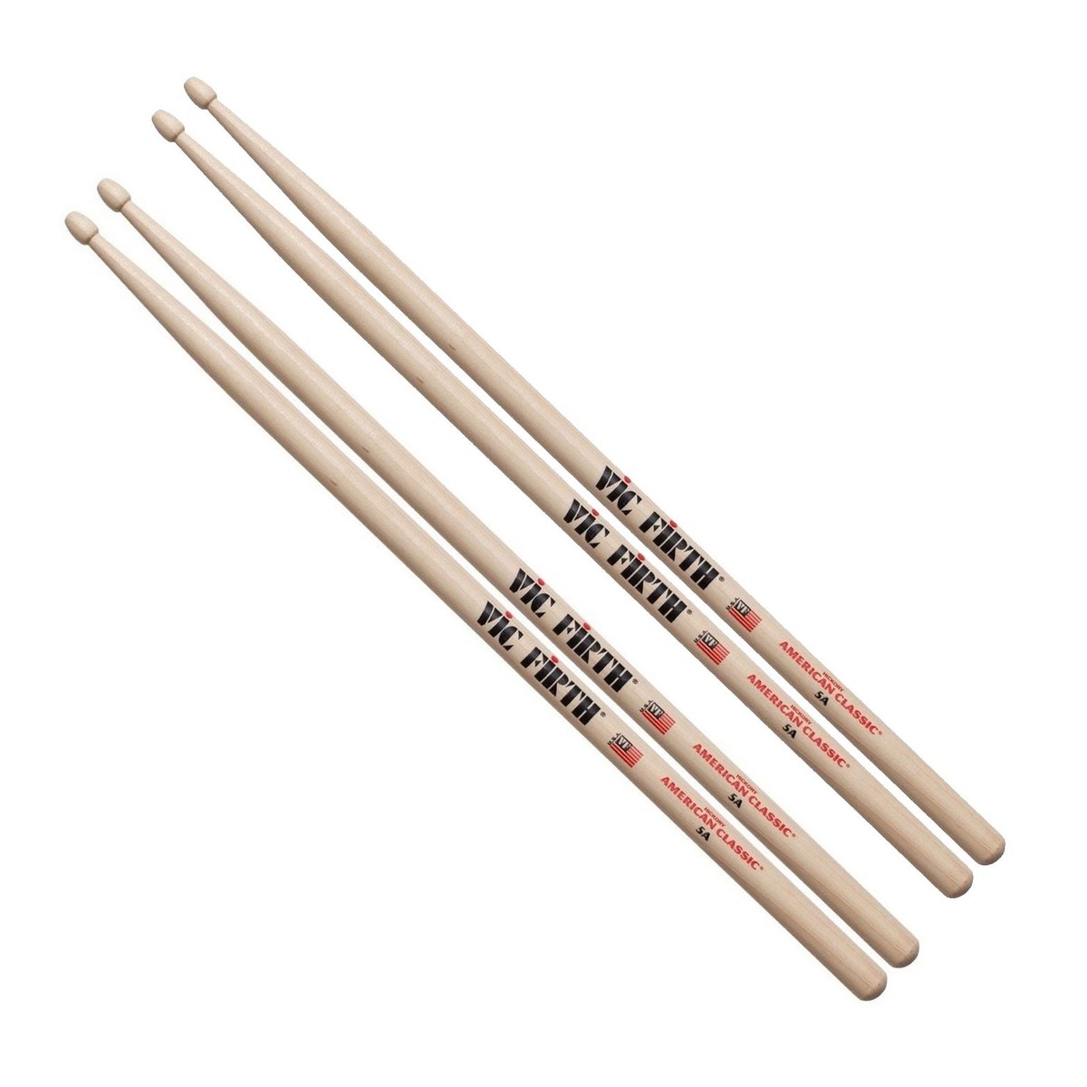 Vic Firth 5A Hickory Drumsticks Wood Tip 2 Pair Value Bundle