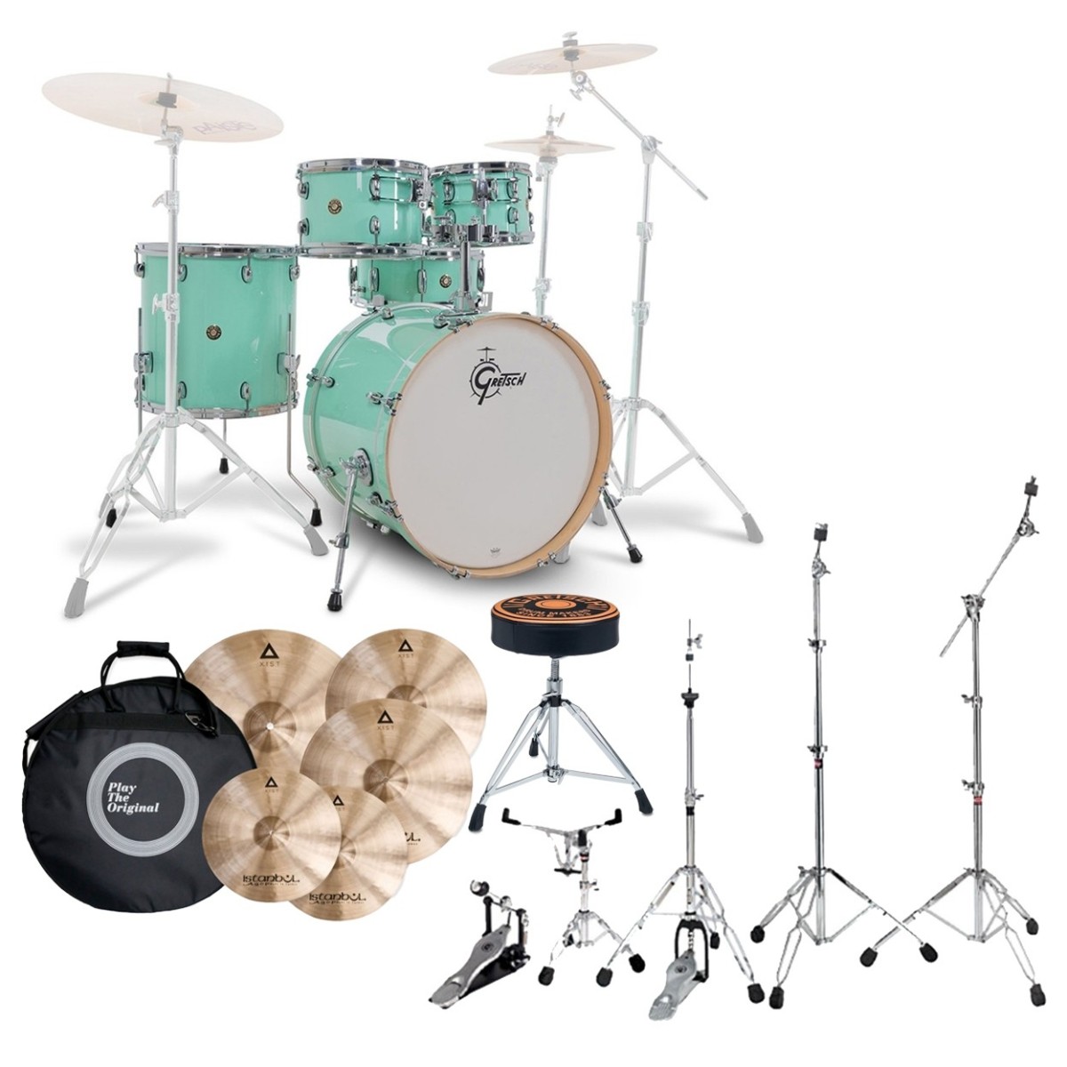 Gretsch Catalina Maple 22 5pc With Istanbul Xist Cymbals Hardware & Throne Seaform Green