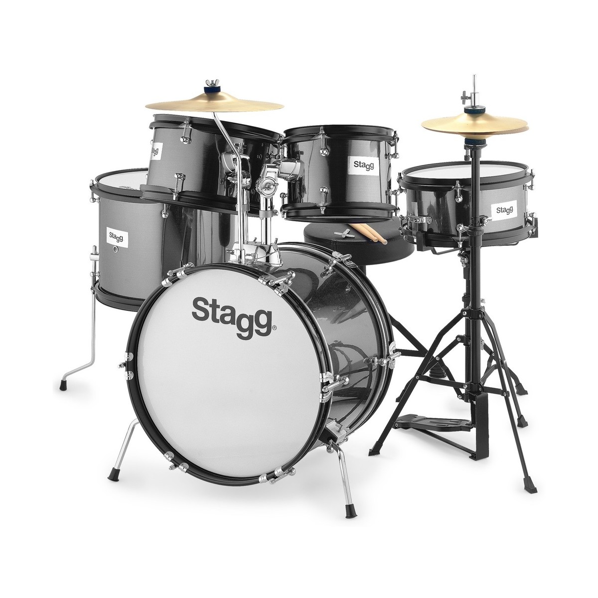 Stagg 5pc 16 Junior Drum Kit with Hardware and Throne Black