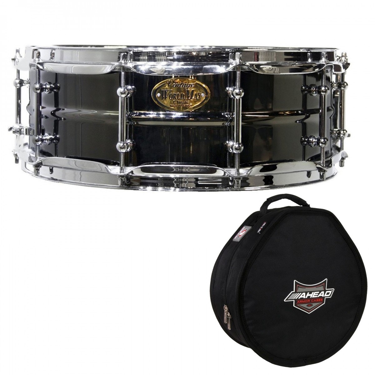 WorldMax 14" x 5 Black Brass Snare Drum & Ahead Armor Case