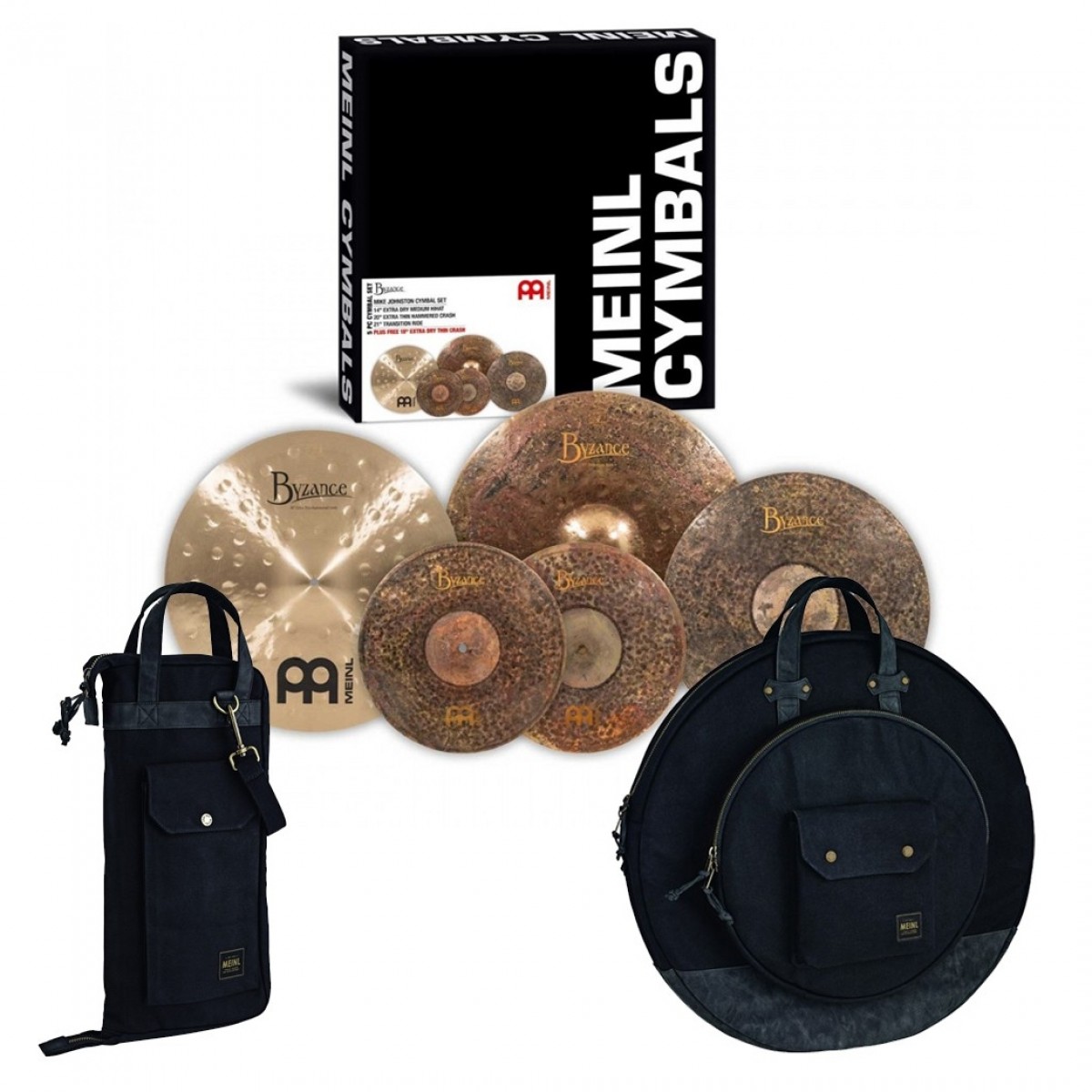 Meinl Mike Johnston Cymbal Set Plus Canvas Bag & Stick Bag Bundle Black