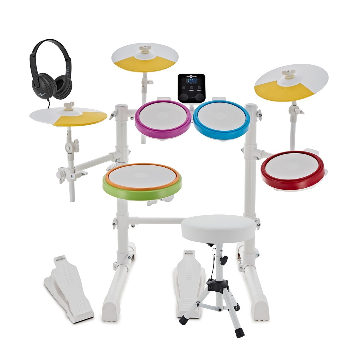 Junior Electronic Drum Kit with Headphones and Stool White